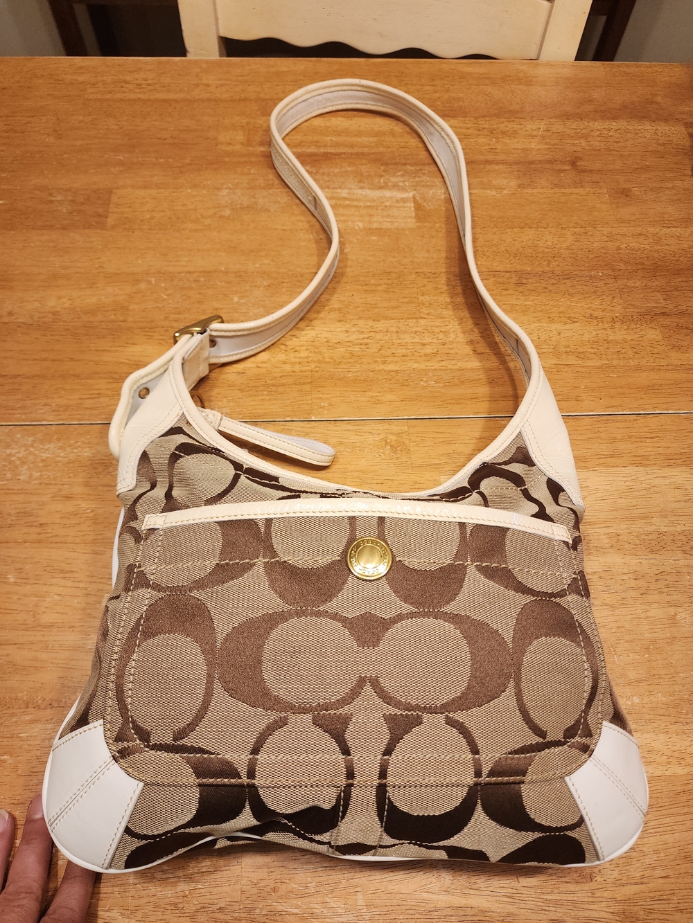 Coach Signature Canvas and Leather Shoulder Bag in Beige/White